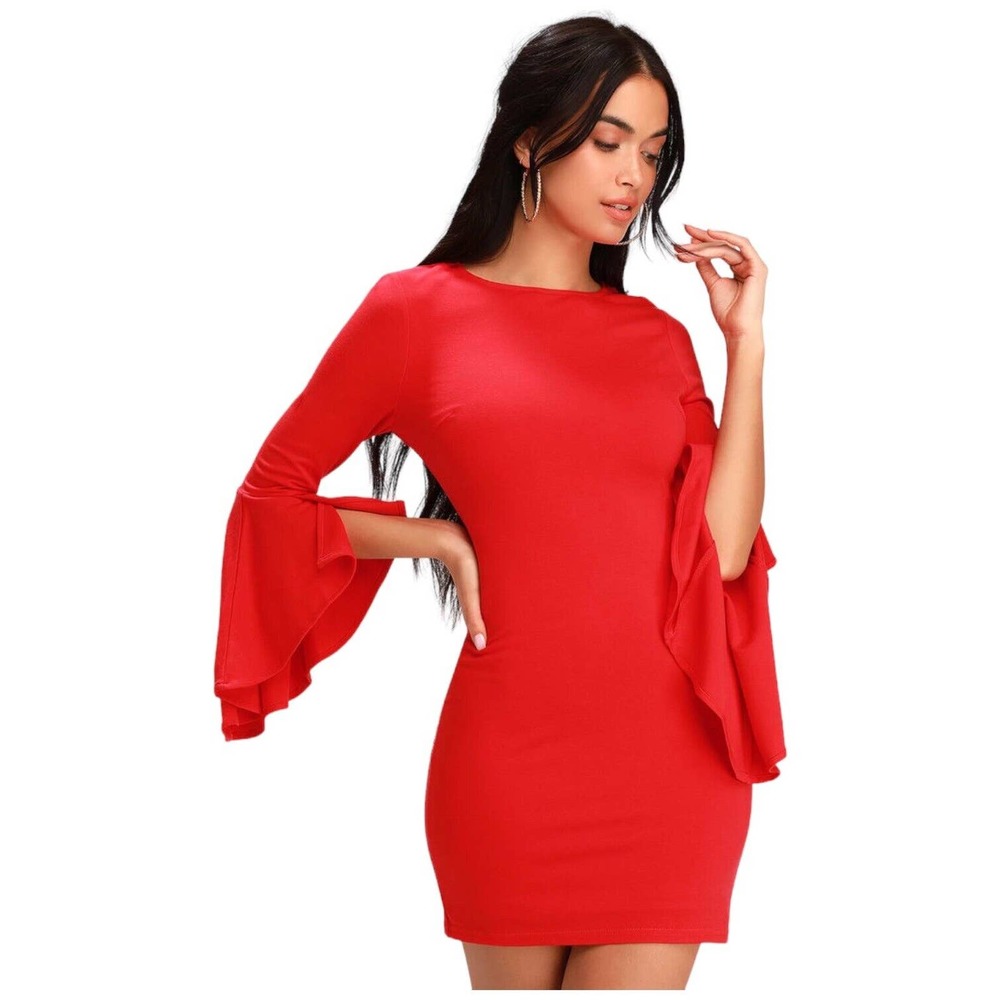 Lulus Gimme Some Flair Red Flounce Sleeve Bodycon Lined Womens Dress Red M - Picture 14 of 16